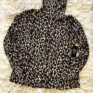 VINCE CAMUTO Textured Turtleneck Leopard Print Long Sleeve Blouse